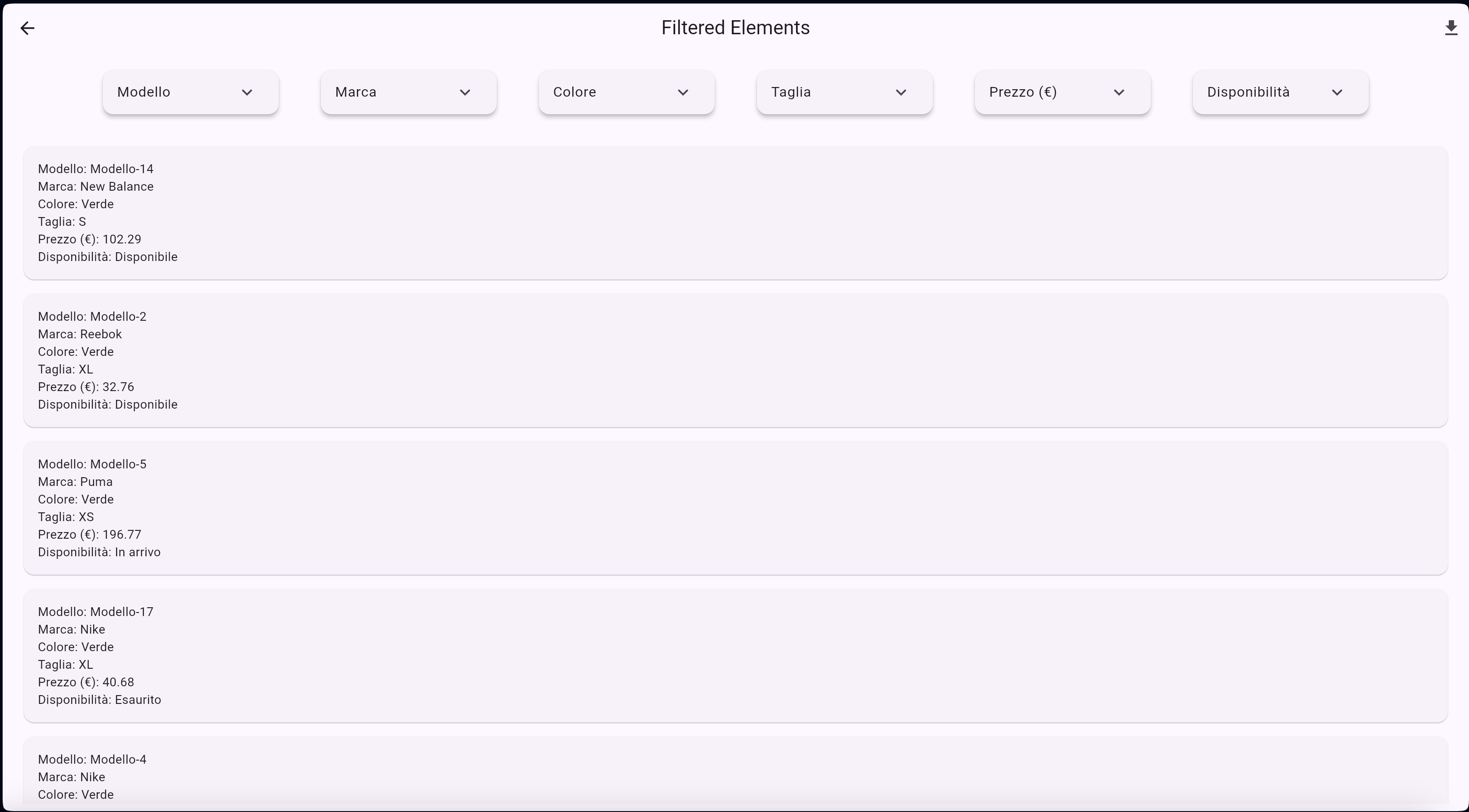 Risultati dei filtri mostrati in schede con dati chiave