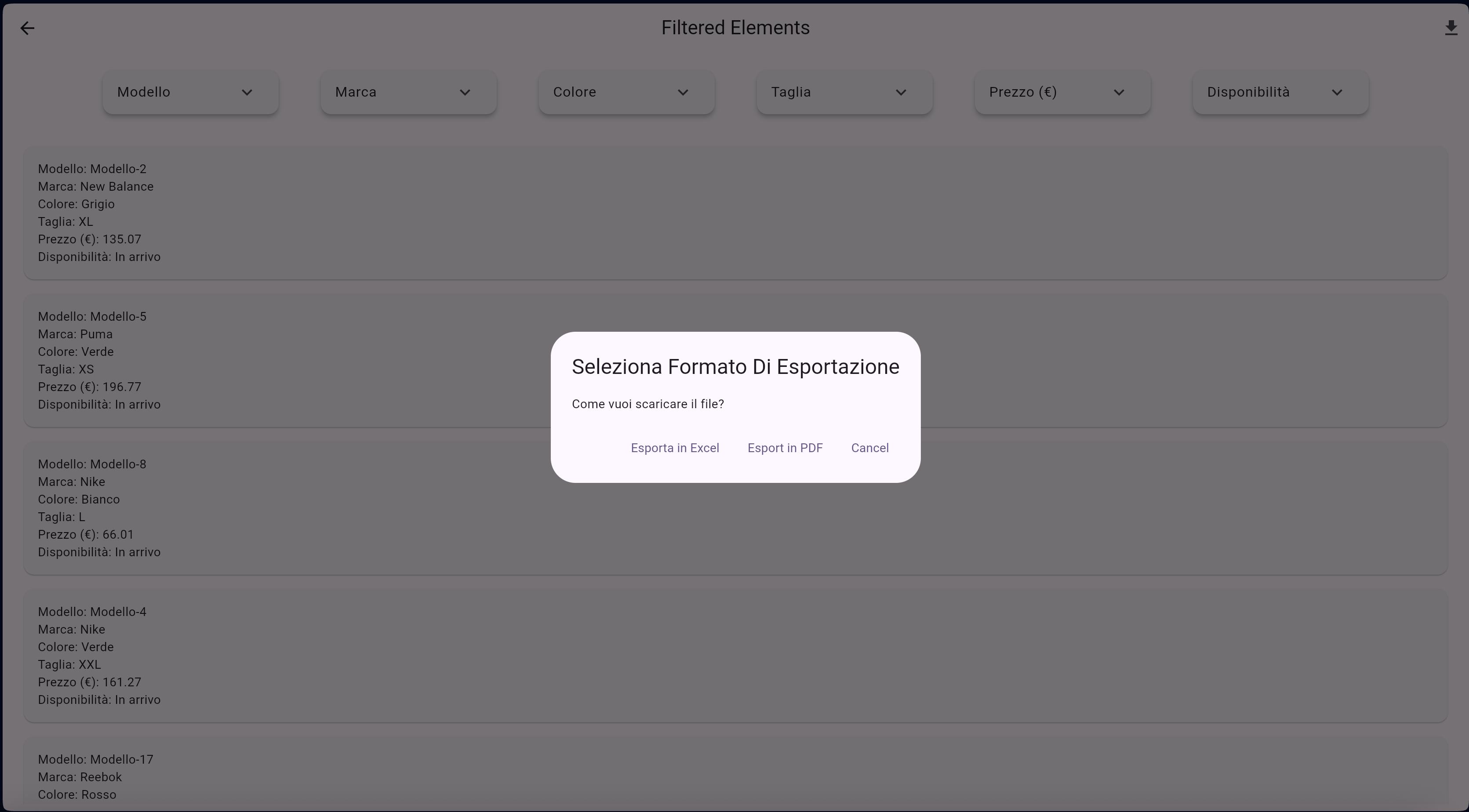 Esportazione dei risultati filtrati in formato PDF o Excel