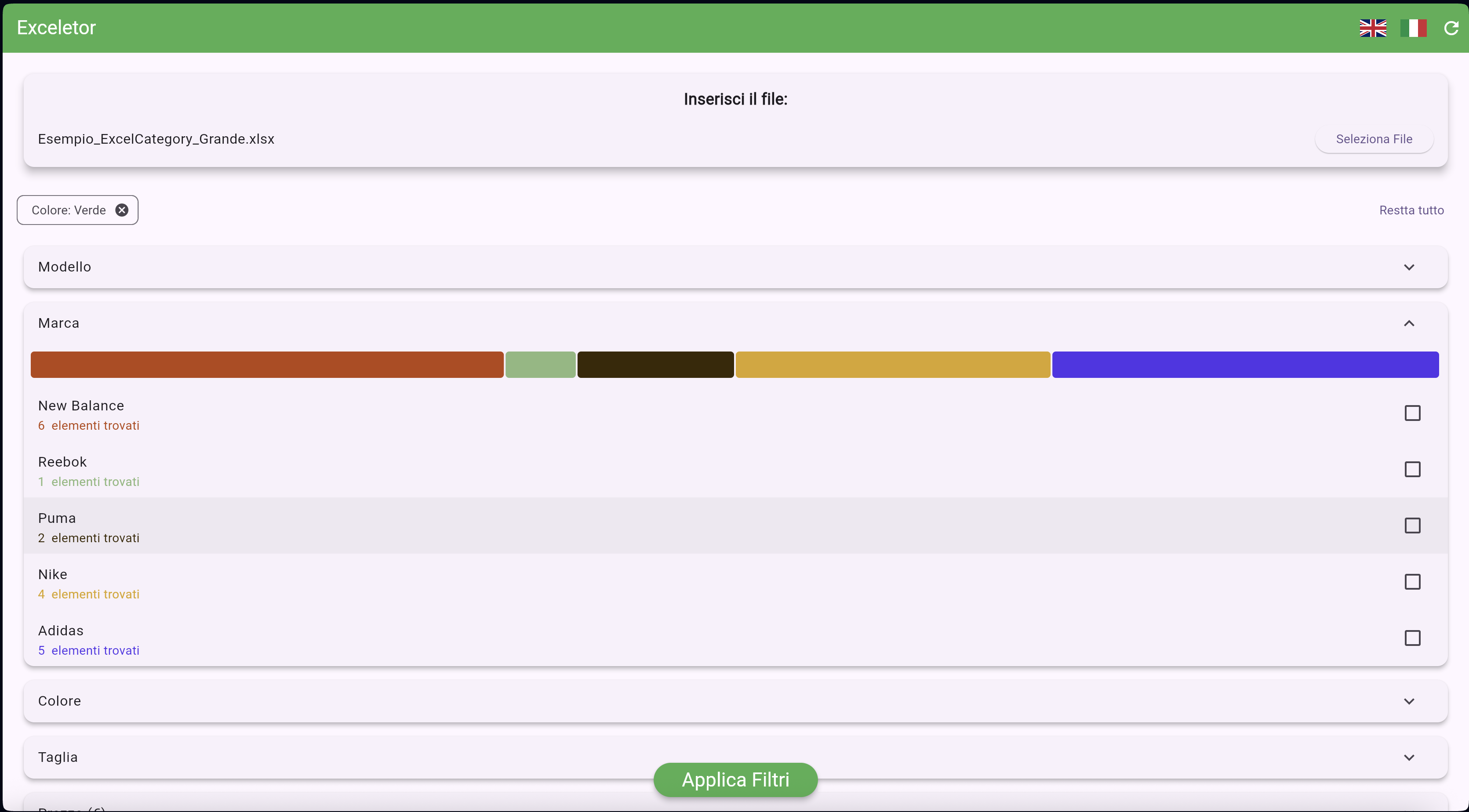 Visualizzazione dei filtri applicabili con istogramma colorato