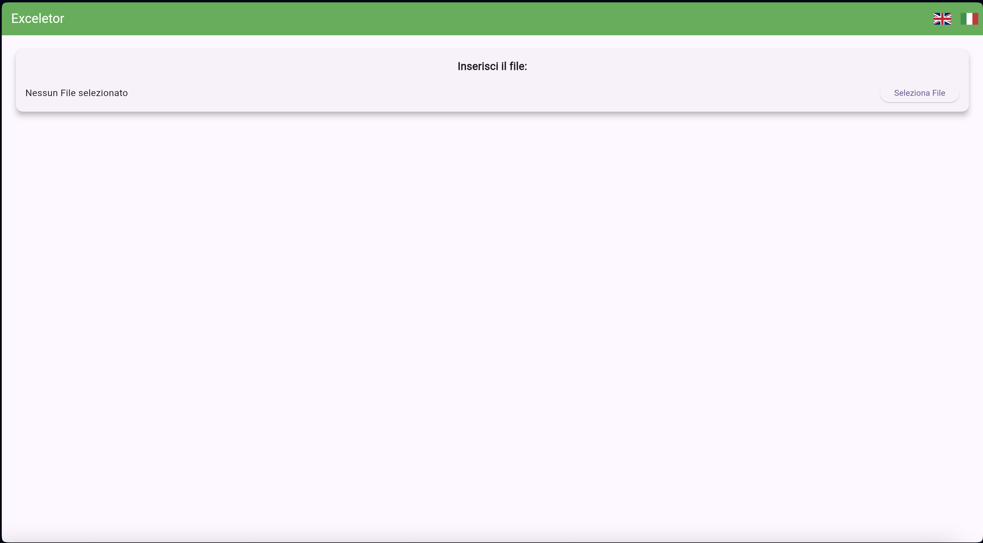 Schermata di caricamento file Excel con interfaccia semplice