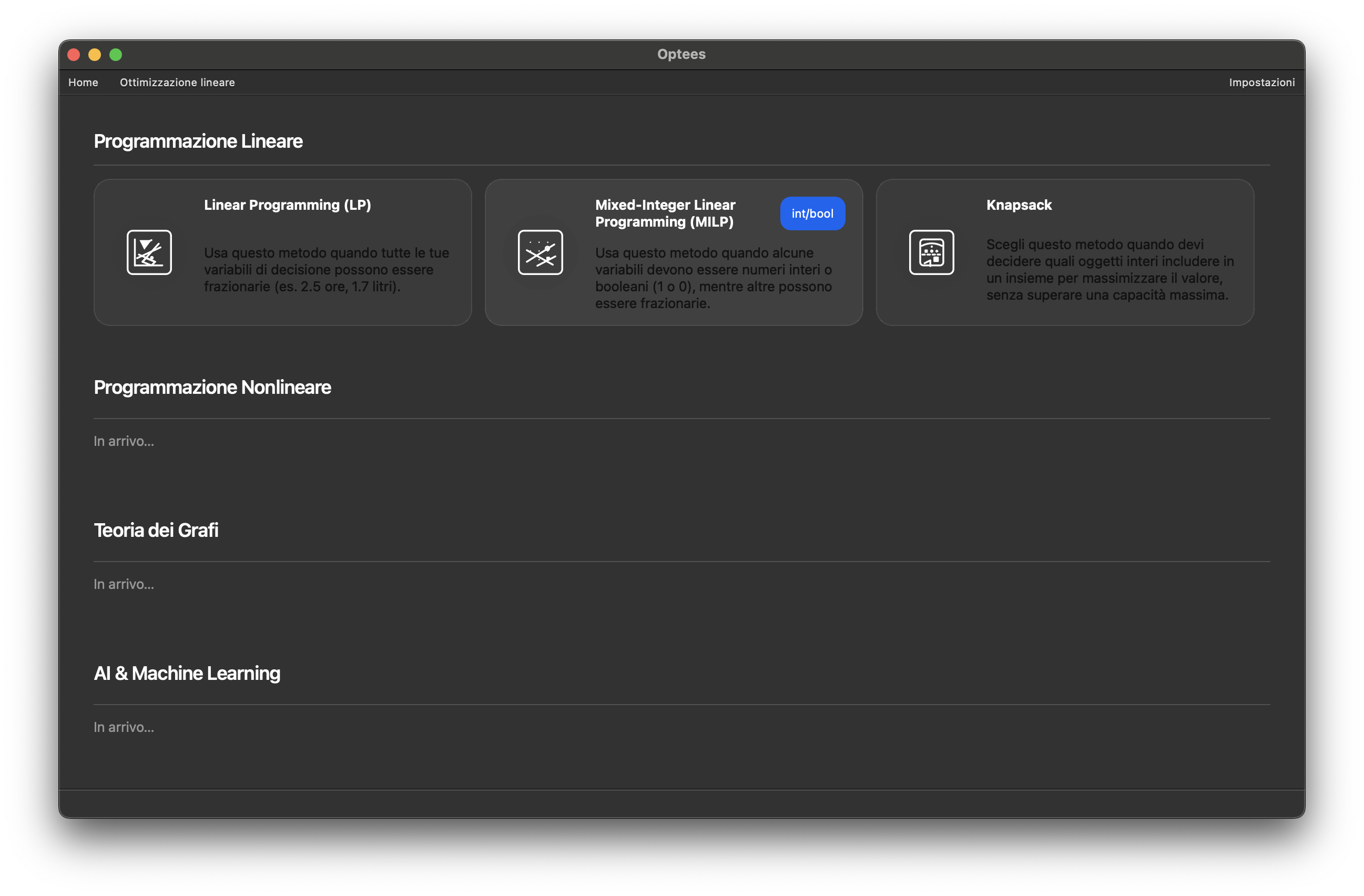 Schermata di selezione algoritmo in Optees