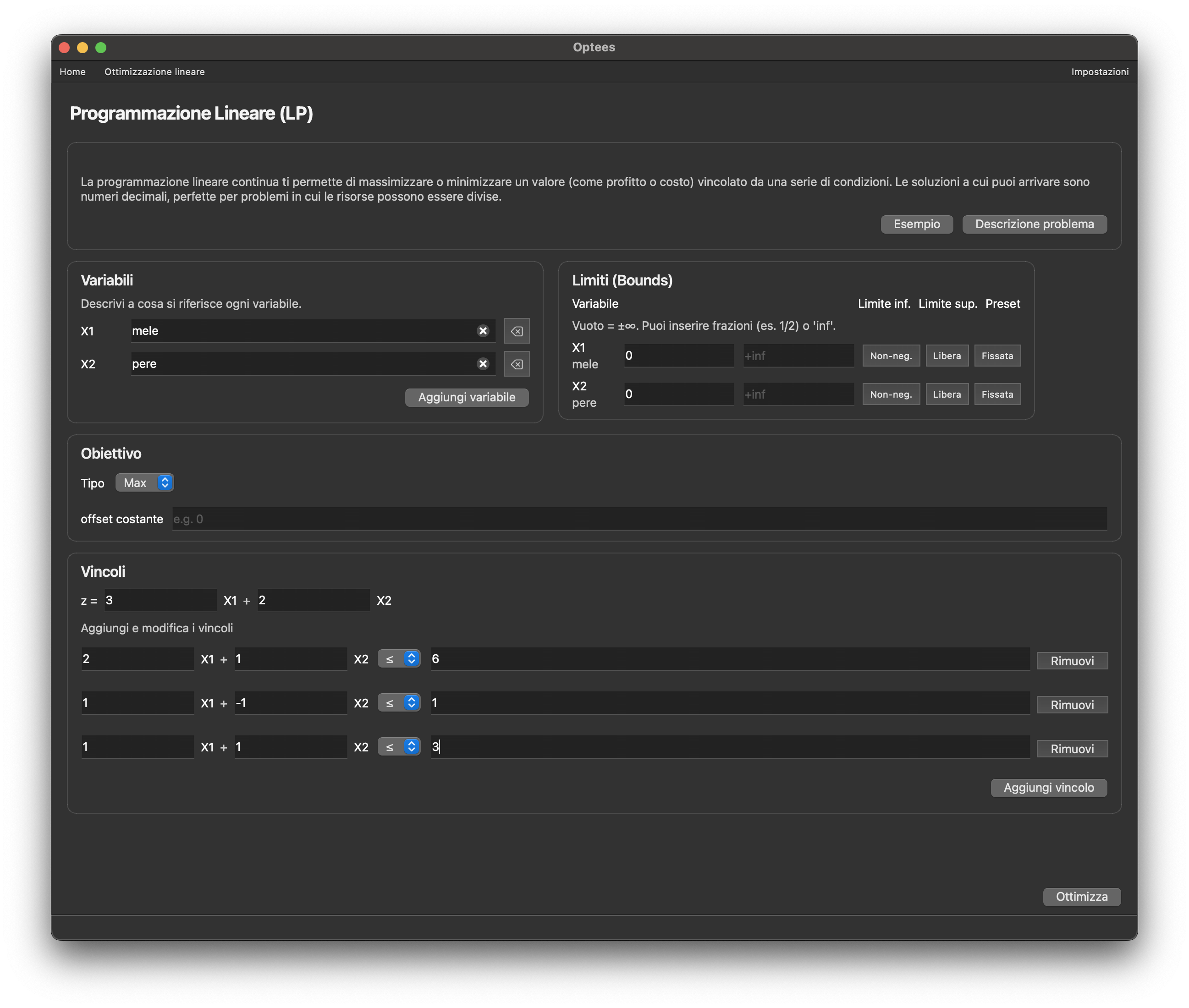 Interfaccia di costruzione del problema lineare